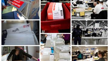 (COMBO) This combination of pictures created on November 04, 2020 shows (from top to bottom, left to right column) a man drops off his mail-in-ballot at a dropbox in Salt Lake City, Utah, on October 29, 2020; ballots are seen before counting at Northampto