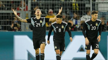 Soccer Football - International Friendly - Germany v Argentina - Signal Iduna Park, Dortmund, Germany - October 9, 2019 Argentina's Lucas Ocampos celebrates scoring their second goal with team mates REUTERS/Leon Kuegeler DFB regulations prohibit any use of photographs as image sequences and/or quasi-video