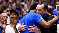 DURHAM, NORTH CAROLINA - MARCH 09: Former head coach Mike Krzyzewski embraces Jeremy Roach #3 of the Duke Blue Devils before the game against the North Carolina Tar Heels at Cameron Indoor Stadium on March 09, 2024 in Durham, North Carolina.   Grant Halverson/Getty Images/AFP (Photo by GRANT HALVERSON / GETTY IMAGES NORTH AMERICA / Getty Images via AFP)