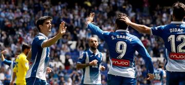 Gerard Moreno, Sergio García, Dídac y Darder celebran el 1-1 del Espanyol ante Las Palmas, en 2018.