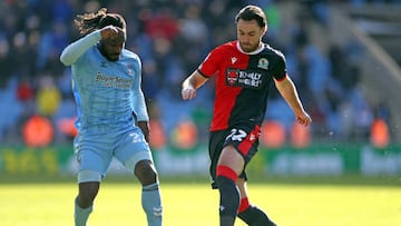 Blackburn Rovers' Ben Brereton Diaz (right) and Coventry City's Fankaty Dabo battle for the ball during the Sky Bet Championship match at the Coventry Building Society Arena, Coventry. Picture date: Saturday April 2, 2022. (Photo by Bradley Collyer/PA Images via Getty Images)