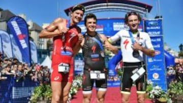 El podio del Mundial: Jan Frodeno (Alemania), Javier G&oacute;mez Noya (Espa&ntilde;a) y Tim Don (Gran Breta&ntilde;a). 