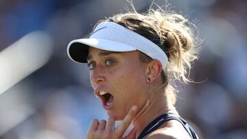 NEW YORK, NEW YORK - AUGUST 30: Paula Badosa of Spain reacts against Lesia Tsurenko of Ukraine in their Women's Singles First Round match on Day Two of the 2022 US Open at USTA Billie Jean King National Tennis Center on August 30, 2022 in the Flushing neighborhood of the Queens borough of New York City. (Photo by Al Bello/Getty Images)