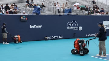 Mar 18, 2026; Miami Gardens, FL, USA; Workers dry Butch Buchholz Court during a rain delay on day 2 of the 2026 Miami Open at Hard Rock Stadium. Mandatory Credit: Geoff Burke-Imagn Images