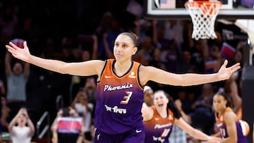 PHOENIX, ARIZONA - AUGUST 03: Guard Diana Taurasi #3 of the Phoenix Mercury reacts after scoring her 10,000th career point during the second half against the Atlanta Dream at Footprint Center on August 03, 2023 in Phoenix, Arizona. NOTE TO USER: User expressly acknowledges and agrees that, by downloading and or using this photograph, User is consenting to the terms and conditions of the Getty Images License Agreement.   Chris Coduto/Getty Images/AFP (Photo by Chris Coduto / GETTY IMAGES NORTH AMERICA / Getty Images via AFP)