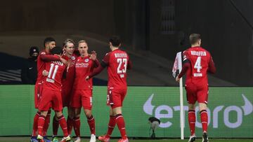 FRANKFURT AM MAIN, GERMANY - JANUARY 21: Patrick Wimmer of Arminia Bielefeld celebrates scoring the first goal during the Bundesliga match between Eintracht Frankfurt and DSC Arminia Bielefeld at Deutsche Bank Park on January 21, 2022 in Frankfurt am Main