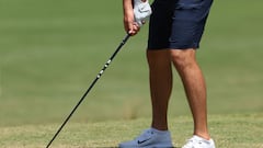 A detailed view of shoes worn by Scottie Scheffler of the United States during a practice round prior to the U.S. Open at Pinehurst Resort on June 11, 2024 in Pinehurst, North Carolina.