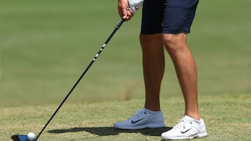A detailed view of shoes worn by Scottie Scheffler of the United States during a practice round prior to the U.S. Open at Pinehurst Resort on June 11, 2024 in Pinehurst, North Carolina.