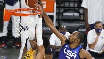 LAS VEGAS, NEVADA - JULY 12: Kevin Durant #7 of the United States blocks a shot by Matisse Thybulle #22 of the Australia Boomers during an exhibition game at Michelob Ultra Arena ahead of the Tokyo Olympic Games on July 12, 2021 in Las Vegas, Nevada. Australia defeated the United States 91-83.   Ethan Miller/Getty Images/AFP
 == FOR NEWSPAPERS, INTERNET, TELCOS &amp; TELEVISION USE ONLY ==