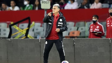 Mexico&#039;s Argentine coach Gerardo Martino gestures during the FIFA World Cup Concacaf qualifier football match between Mexico and Panama at Azteca stadium in Mexico City, on February 2, 2022. (Photo by RODRIGO ARANGUA / AFP)