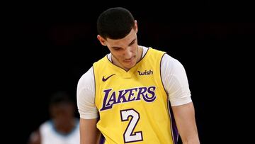 LOS ANGELES, CA - JANUARY 05: Lonzo Ball #2 of the Los Angeles Lakers looks on during the first half of a game against the Charlotte Hornets at Staples Center on January 5, 2018 in Los Angeles, California. NOTE TO USER: User expressly acknowledges and agrees that, by downloading and or using this photograph, User is consenting to the terms and conditions of the Getty Images License Agreement.   Sean M. Haffey/Getty Images/AFP
 == FOR NEWSPAPERS, INTERNET, TELCOS &amp; TELEVISION USE ONLY ==