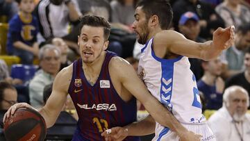 ***CORRIGE FECHA*** GRAF2363. BARCELONA, 10/03/2019.- El base francés del FC Barcelona Lassa, Thomas Heurtel (i), intenta avanzar con la pelota ante la presencia del escolta del San Pablo Burgos, Álex López (d), durante el partido de la Liga ACB de basket jugado esta tarde en el Palau Blaugrana de Barcelona. EFE/ Andreu Dalmau
