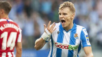 Martín Odegaard celebra un gol con la Real Sociedad.