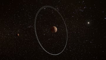 An illustration showing the frigid distant world Quaoar, orbiting in our solar system beyond Pluto, surrounded by its newly discovered ring, along with its moon Weywot. ESA, CC BY-SA 3.0 IGO/Handout via REUTERS THIS IMAGE HAS BEEN SUPPLIED BY A THIRD PARTY. NO RESALES. NO ARCHIVES