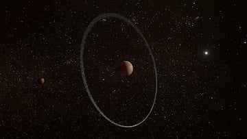 An illustration showing the frigid distant world Quaoar, orbiting in our solar system beyond Pluto, surrounded by its newly discovered ring, along with its moon Weywot. ESA, CC BY-SA 3.0 IGO/Handout via REUTERS THIS IMAGE HAS BEEN SUPPLIED BY A THIRD PARTY. NO RESALES. NO ARCHIVES