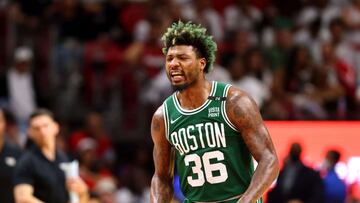 MIAMI, FLORIDA - MAY 19: Marcus Smart #36 of the Boston Celtics reacts after a three point basket during the fourth quarter against the Miami Heat in Game Two of the 2022 NBA Playoffs Eastern Conference Finals at FTX Arena on May 19, 2022 in Miami, Florida. NOTE TO : expressly acknowledges and agrees that, by ing and or using this photograph, is consenting to the and conditions of the Getty Images License Agreement. Michael Reaves/Getty Images/AFP
== FOR NEWSPAPERS, INTERNET, TELCOS & TELEVISION USE ONLY ==