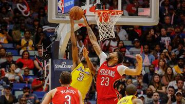 Feb 14, 2018; New Orleans, LA, USA; New Orleans Pelicans forward Anthony Davis (23) blocks a shot by Los Angeles Lakers forward Corey Brewer (3) during the second half at the Smoothie King Center. The Pelicans defeated the Lakers 139-117. Mandatory Credit: Derick E. Hingle-USA TODAY Sports