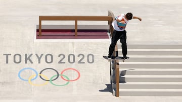 TOKYO, JAPAN - JULY 22:  Yuto Horigome of Team Japan practices on the skateboard street course ahead of the 2020 Tokyo Summer Olympic Games at the Ariake Urban Sports Park on July 22, 2021 in Tokyo, Japan. The Ariake Urban Sports Park will host skateboard