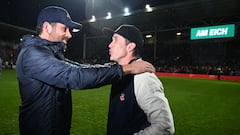 US actor and Wrexham owner Rob McElhenney (R) and US actor and Wrexham owner Ryan Reynolds (L) celebrate