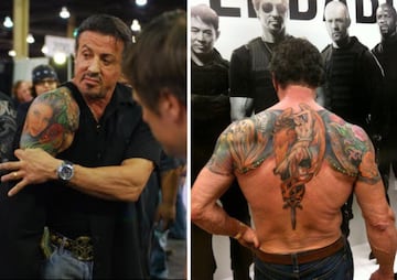 Los coloridos tatuajes que luce el actor Sylvester Stallone en su hombro derecho y en su espalda.