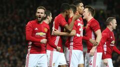 MANCHESTER, ENGLAND - JANUARY 10:  Juan Mata of Manchester United celebrates scoring their first goal during the EFL Cup Semi-Final first leg match between Manchester United and Hull City at Old Trafford on January 10, 2017 in Manchester, England.  (Photo