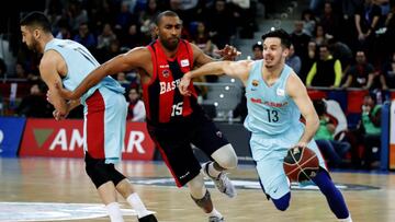 GRAF4952. VITORIA, 04/02/2018.- El base francés del FC Barcelona Lassa Thomas Heurtel (d), avanza marcado por el base uruguayo del Baskonia Jason Granger, durante el partido correspondiente a la 19ª jornada de la Liga Endesa de baloncesto, dis