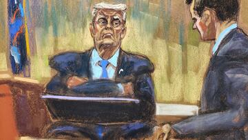 Former U.S. President Donald Trump is questioned by Kevin Wallace of the New York Attorney General's Office, during the Trump Organization civil fraud trial in New York State Supreme Court in the Manhattan borough of New York City, U.S., November 6, 2023 in this courtroom sketch. REUTERS/Jane Rosenberg