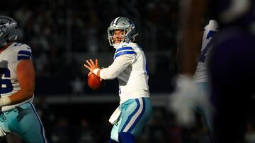 Sep 22, 2024; Arlington, Texas, USA; Dallas Cowboys quarterback Dak Prescott (4) throws during the second half against the Baltimore Ravens at AT&T Stadium. Mandatory Credit: Kevin Jairaj-Imagn Images
