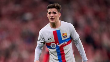 BILBAO, SPAIN - MARCH 12: Gavi of FC Barcelona looks on during the LaLiga Santander match between Athletic Club and FC Barcelona at San Mames Stadium on March 12, 2023 in Bilbao, Spain. (Photo by Juan Manuel Serrano Arce/Getty Images)