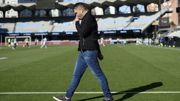 Eduardo Coudet, tras ser expulsado la pasada temporada contra el Betis, primer partido que se jug&oacute; con p&uacute;blico en Bala&iacute;dos durante la crisis sanitaria de la COVID. 