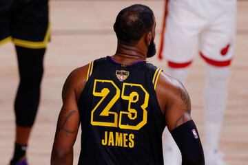 (FILES) In this file photo a detail of the jersey of LeBron James #23 of the Los Angeles Lakers