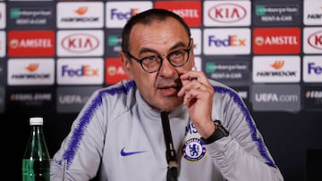 Soccer Football - Europa League - Chelsea Media Day - Cobham Training Centre, Stoke D'Abernon, Cobham, Britain - May 22, 2019 Chelsea manager Maurizio Sarri during the press conference Action Images via Reuters/Matthew Childs