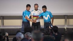 Mikel Landa, Alejandro Valverde y Nairo Quintana, durante la presentaci&oacute;n del equipo Movistar de 2019.