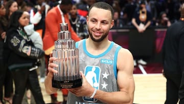 Team LeBron&#039;s Steph Curry with the 2022 All-Star Game MVP award.