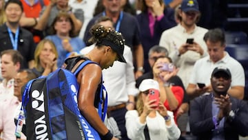 Aug 29, 2024; Flushing, NY, USA; Naomi Osaka (JPN) after losing to Karolina Muchova (CZE) on day four of the 2024 U.S. Open tennis tournament at USTA Billie Jean King National Tennis Center. Mandatory Credit: Robert Deutsch-USA TODAY Sports