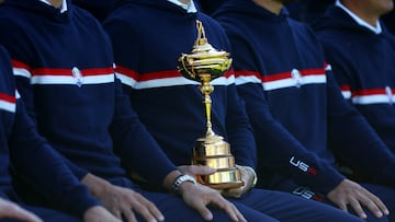 General view of the Ryder Cup trophy held by Team USA captain Zach Johnson