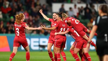 Soccer Football - FIFA Women’s World Cup Australia and New Zealand 2023 - Group D - Denmark v China - Perth Rectangular Stadium, Perth, Australia - July 22, 2023 Denmark's Stine Ballisager Pedersen and teammates celebrates their first goal scored by Amalie Vangsgaard REUTERS/Luisa Gonzalez