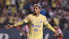 Diego Valdés celebrates a goal for América against Atlético de San Luis.

<br><br>

Diego Valdes celebrates his 0-2 goal for America during the Atletico San Luis vs America match, corresponding to the First Leg match of the Quarterfinals of the 2023 Clausura Tournament of the BBVA MX League, at the Alfonso Lastras Stadium, on May 10, 2023 .