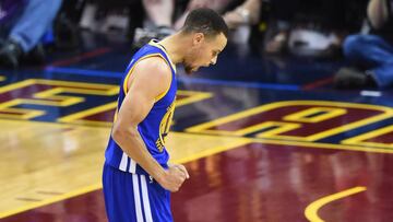 Jun 10, 2016; Cleveland, OH, USA; Golden State Warriors guard Stephen Curry (30) celebrates after scoring against the Cleveland Cavaliers during the fourth quarter in game four of the NBA Finals at Quicken Loans Arena. The Warriors won 108-97. Mandatory Credit: David Richard-USA TODAY Sports