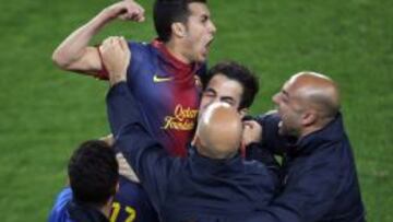 El jugador del Barcelona Pedro Rodríguez celebra su gol al PSG.