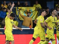 Villarreal's Spanish forward #07 Gerard celebrates after scoring the opening goal from the penalty spot
during the Spanish league football match between Villarreal CF and RC Celta de Vigo at La Ceramica Stadium in Vila-real on April 26, 2026. (Photo by JOSE JORDAN / AFP)