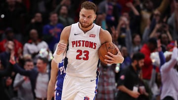 DETROIT, MI - OCTOBER 23: Blake Griffin #23 of the Detroit Pistons celebrates a 133-132 overtime win over the Philadelphia 76ers at Little Caesars Arena on October 23, 2018 in Detroit, Michigan. NOTE TO USER: User expressly acknowledges and agrees that, by downloading and or using this photograph, User is consenting to the terms and conditions of the Getty Images License Agreement.   Gregory Shamus/Getty Images/AFP
 == FOR NEWSPAPERS, INTERNET, TELCOS &amp; TELEVISION USE ONLY ==