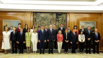 Newly appointed Spanish ministers pose for a family photo with Spain's King Felipe and Prime Minister Pedro Sanchez, during the swearing-in ceremony at Zarzuela Palace in Madrid, Spain, November 21, 2023. Chema Moya/Pool via REUTERS