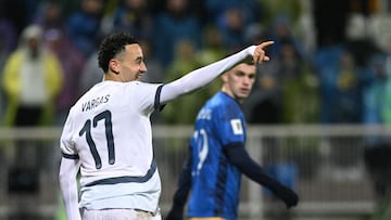 Switzerland's midfielder #17 Ruben Vargas celebrates after scoring the opening goal during the FIFA World Cup 2026 European qualification Group B football between Kosovo and Switzerland at the Fadil Vokrri Stadium in Pristina, on November 18, 2025. (Photo by Armend NIMANI / AFP)
