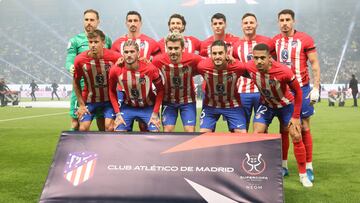 (Top L to R) Atletico Madrid's Slovenian goalkeeper #13 Jan Oblak, Atletico Madrid's Montenegrin defender #15 Stefan Savic, Atletico Madrid's Spanish defender #22 Mario Hermoso, Atletico Madrid's Spanish forward #19 Alvaro Morata, Atletico Madrid's Spanish midfielder #08 Saul Niguez, Atletico Madrid's Uruguayan defender #02 Jose Gimenez, (bottom L to R) Atletico Madrid's Spanish midfielder #14 Marcos Llorente, Atletico Madrid's Argentinian midfielder #05 Rodrigo De Paul, Atletico Madrid's French forward #07 Antoine Griezmann, Atletico Madrid's Spanish midfielder #06 Koke and Atletico Madrid's Brazilian forward #12 Samuel Lino pose for a team picture during the Spanish Super Cup semi-final football match between Real Madrid and Atletico Madrid at the Al-Awwal Park Stadium in Riyadh, on January 10, 2024. (Photo by Giuseppe CACACE / AFP)