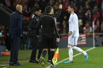 Real Madrid’s Sergio Ramos after being sent off as Zinedine Zidane looks on.