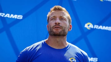IRVINE, CA - JULY 29: Head coach Sean McVay of the Los Angeles Rams speaks with the media during training camp at University of California Irvine on July 29, 2022 in Irvine, California.   Scott Taetsch/Getty Images/AFP
== FOR NEWSPAPERS, INTERNET, TELCOS & TELEVISION USE ONLY ==