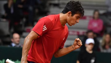 Chile`s Christian Garin reacts during the Davis Cup qualifiers tennis match between Austria and Chile on February 2, 2019 in Salzburg. (Photo by BARBARA GINDL / APA / AFP) / Austria OUT