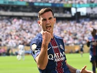 TOPSHOT - Paris Saint-Germain's Spanish midfielder #08 Fabian Ruiz celebrates scoring his team's first goal during the FIFA Club World Cup 2025 semifinal football match between France's Paris Saint-Germain and Spain's Real Madrid at the MetLife stadium in East Rutherford, New Jersey on July 9, 2025. (Photo by ANGELA WEISS / AFP)
