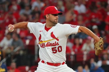 ST LOUIS, MO - SEPTEMBER 28: Adam Wainwright #50 of the St. Louis Cardinals pitches against the Milwaukee Brewers in the first inning at Busch Stadium on September 28, 2021 in St Louis, Missouri.   Dilip Vishwanat/Getty Images/AFP
 == FOR NEWSPAPERS, INTE